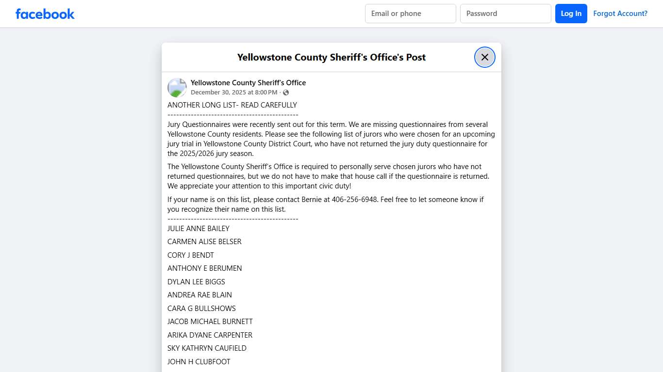 ANOTHER LONG LIST-... - Yellowstone County Sheriff's Office Facebook