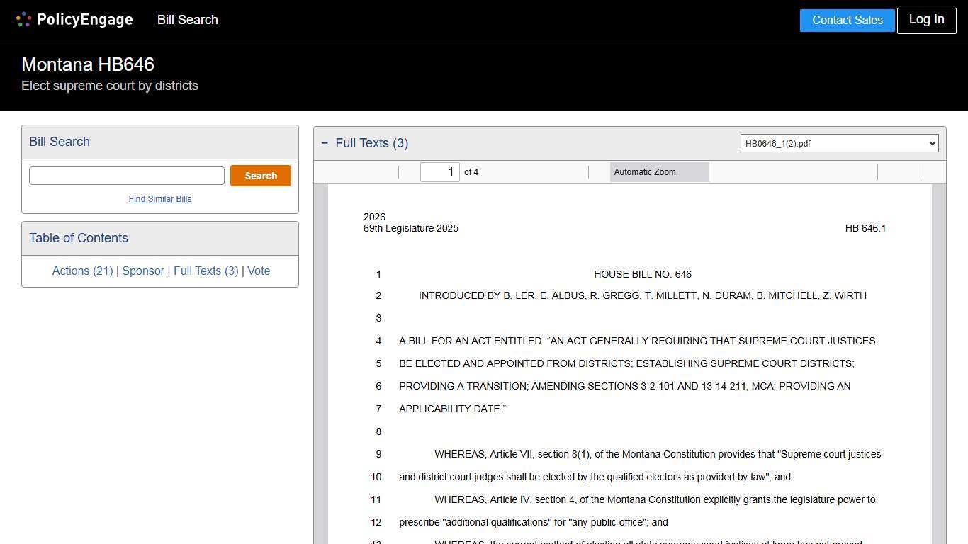 HB646 Montana 2025-2026 Elect supreme court by districts - Legislative Tracking PolicyEngage